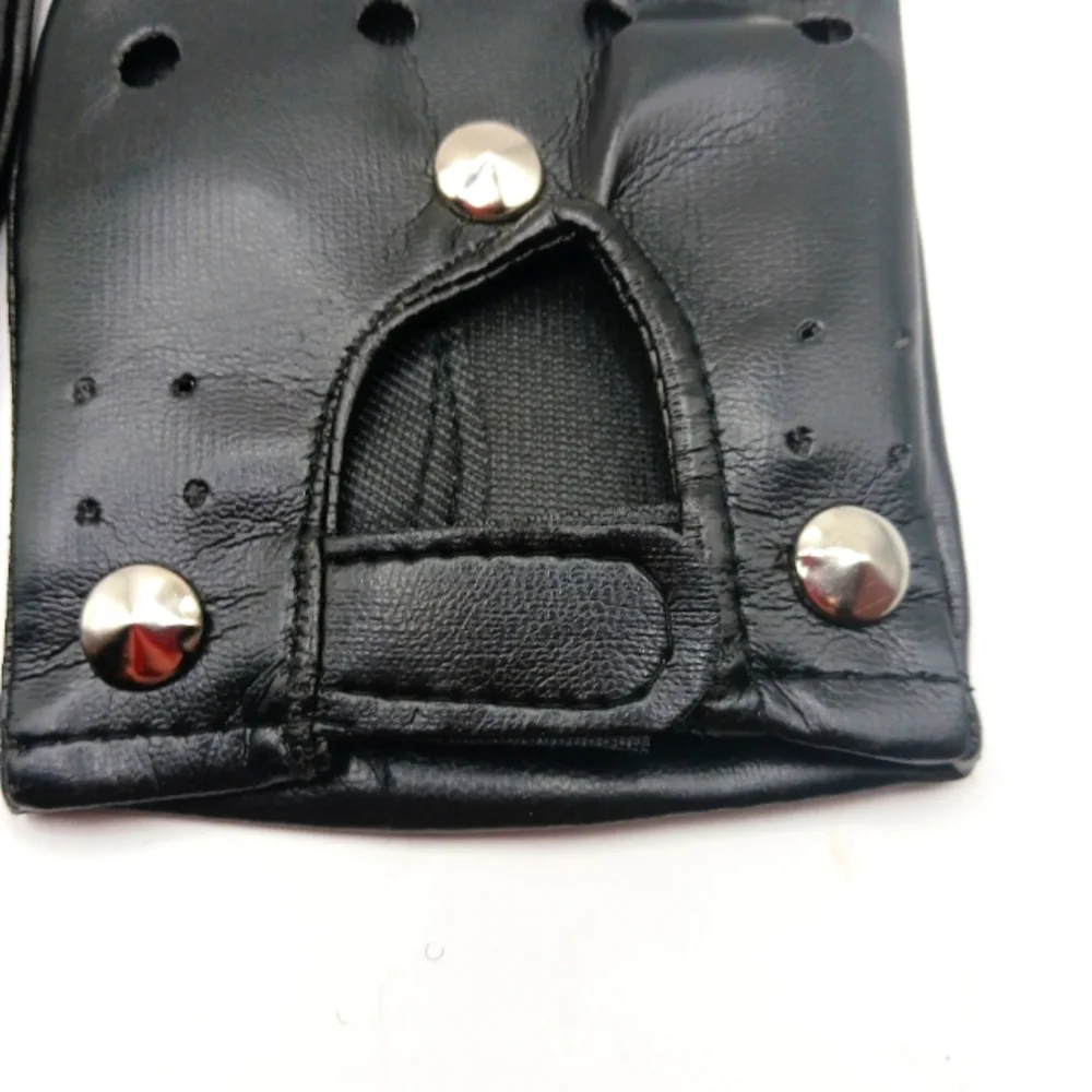 Black Faux Leather Studded + Black Cotton Fingerless Gloves Unisex -New